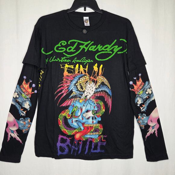 Ed Hardy Men's Platinum Double Tattoo Sleeve Battle Black LS Tee Shirt NEW Large